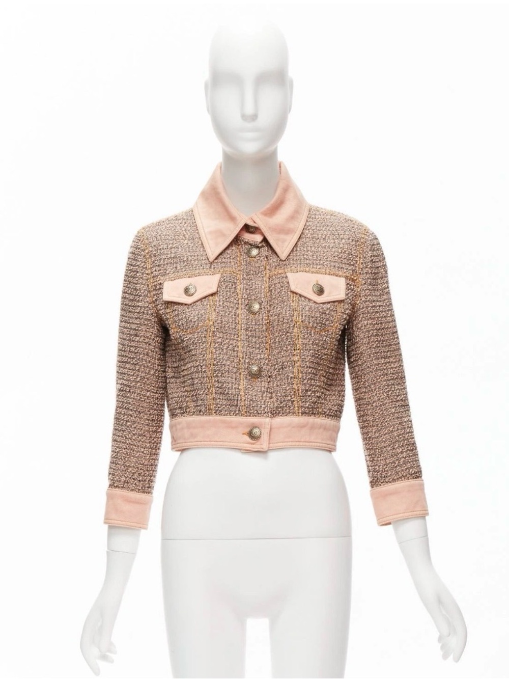 RARE CHANEL 2018 Runway Pink Denim Tweed CC Button Cropped Jacket